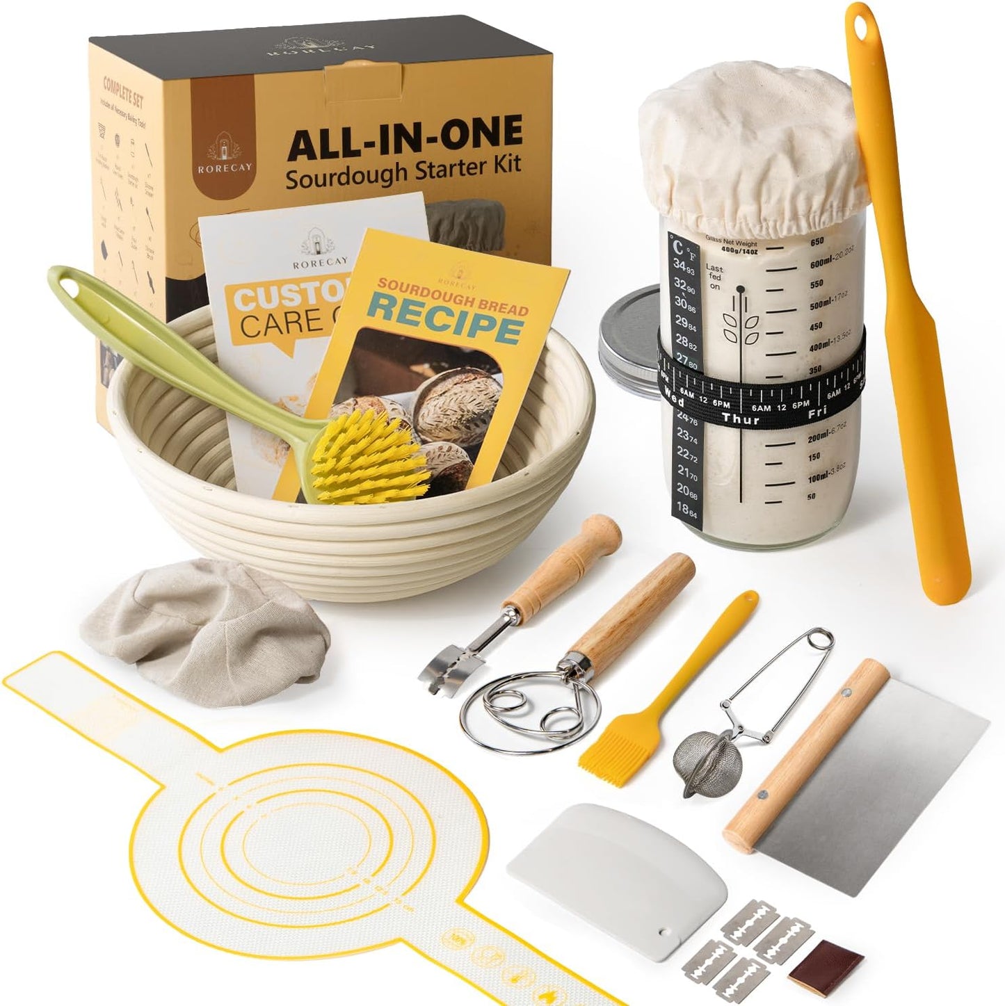 RORECAY Bread Banneton Proofing Basket Set, 9 Inch Round & 10 Inch Oval Cane Sourdough Baskets with Dough Whisk Bread Lame Dough Scraper Bowl Scraper Silicone Brush Sourdough Bread Baking Supplies