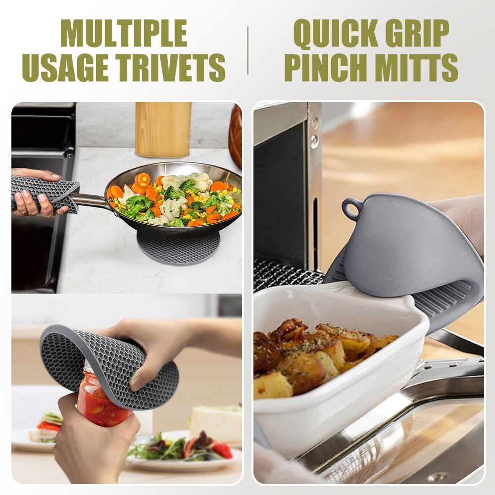 Rorecay Extra Long Oven Mitts and Pot Holders Sets: Heat Resistant Silicone Oven Mittens with Mini Oven Gloves and Hot Pads Potholders for Kitchen Baking Cooking, Quilted Liner, Gray, Pack of 6