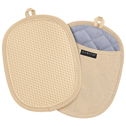 Rorecay Silicone Pot Holders Sets: Heat Resistant Oven Hot Pads with Pockets Non Slip Grip Large Potholders for Kitchen Baking Cooking | Quilted Liner | 9.8 x 7.6 Inches | Gray | Pack of 2