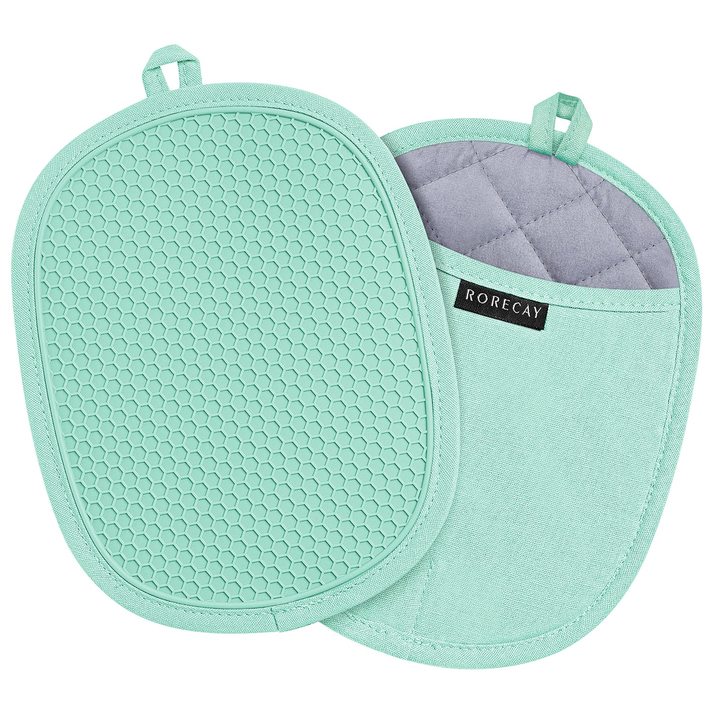 Rorecay Silicone Pot Holders Sets: Heat Resistant Oven Hot Pads with Pockets Non Slip Grip Large Potholders for Kitchen Baking Cooking | Quilted Liner | 9.8 x 7.6 Inches | Gray | Pack of 2