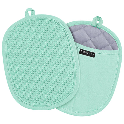 Rorecay Silicone Pot Holders Sets: Heat Resistant Oven Hot Pads with Pockets Non Slip Grip Large Potholders for Kitchen Baking Cooking | Quilted Liner | 9.8 x 7.6 Inches | Gray | Pack of 2