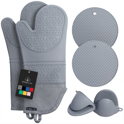 Rorecay Extra Long Oven Mitts and Pot Holders Sets: Heat Resistant Silicone Oven Mittens with Mini Oven Gloves and Hot Pads Potholders for Kitchen Baking Cooking, Quilted Liner, Gray, Pack of 6