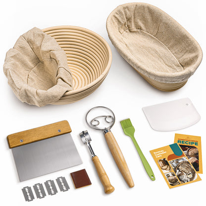 RORECAY Bread Banneton Proofing Basket Set, 9 Inch Round & 10 Inch Oval Cane Sourdough Baskets with Dough Whisk Bread Lame Dough Scraper Bowl Scraper Silicone Brush Sourdough Bread Baking Supplies