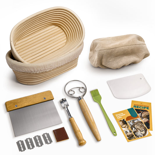 RORECAY Bread Banneton Proofing Basket Set, 9 Inch Round & 10 Inch Oval Cane Sourdough Baskets with Dough Whisk Bread Lame Dough Scraper Bowl Scraper Silicone Brush Sourdough Bread Baking Supplies