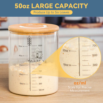 Rorecay Sourdough Starter Kit with Time Keeper, 50oz High Borosilicate Glass Sourdough Starter Jar, Wide Mouth Sour Dough Crock with Lid & Spatula & Recipe for Beginners and Professional Bakers