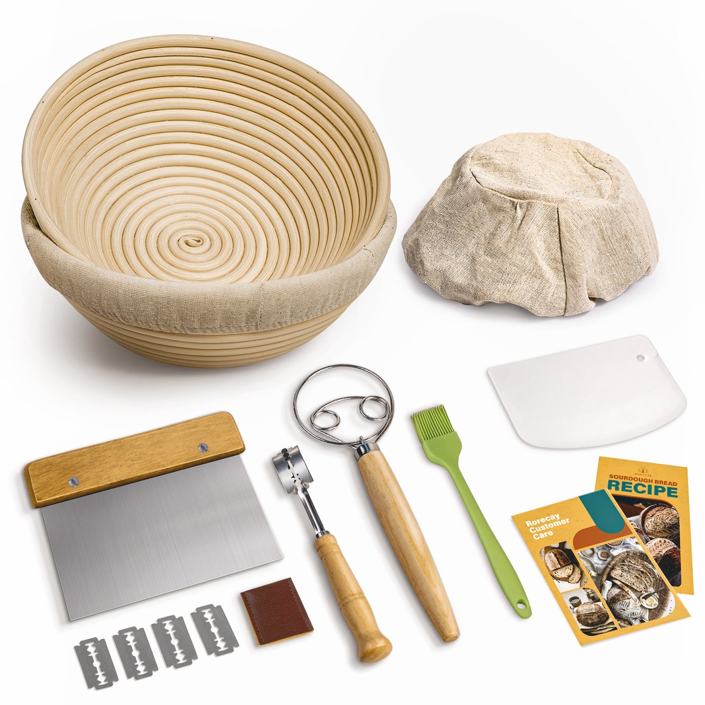 RORECAY Bread Banneton Proofing Basket Set, 9 Inch Round & 10 Inch Oval Cane Sourdough Baskets with Dough Whisk Bread Lame Dough Scraper Bowl Scraper Silicone Brush Sourdough Bread Baking Supplies