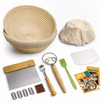 RORECAY Bread Banneton Proofing Basket Set, 9 Inch Round & 10 Inch Oval Cane Sourdough Baskets with Dough Whisk Bread Lame Dough Scraper Bowl Scraper Silicone Brush Sourdough Bread Baking Supplies