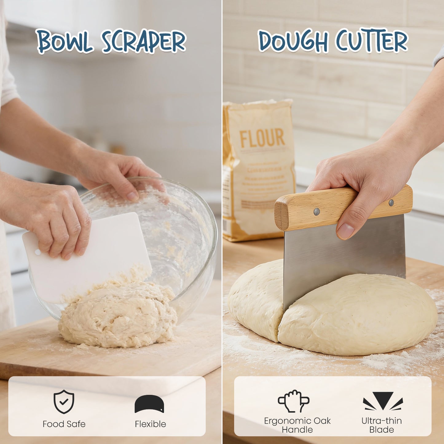 RORECAY Bread Banneton Proofing Basket Set, 9 Inch Round & 10 Inch Oval Cane Sourdough Baskets with Dough Whisk Bread Lame Dough Scraper Bowl Scraper Silicone Brush Sourdough Bread Baking Supplies