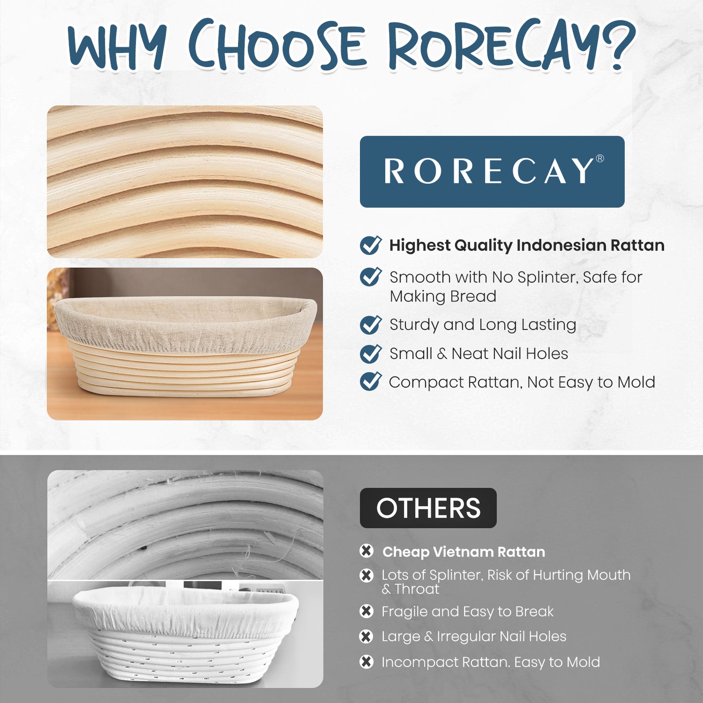 RORECAY Bread Banneton Proofing Basket Set, 9 Inch Round & 10 Inch Oval Cane Sourdough Baskets with Dough Whisk Bread Lame Dough Scraper Bowl Scraper Silicone Brush Sourdough Bread Baking Supplies