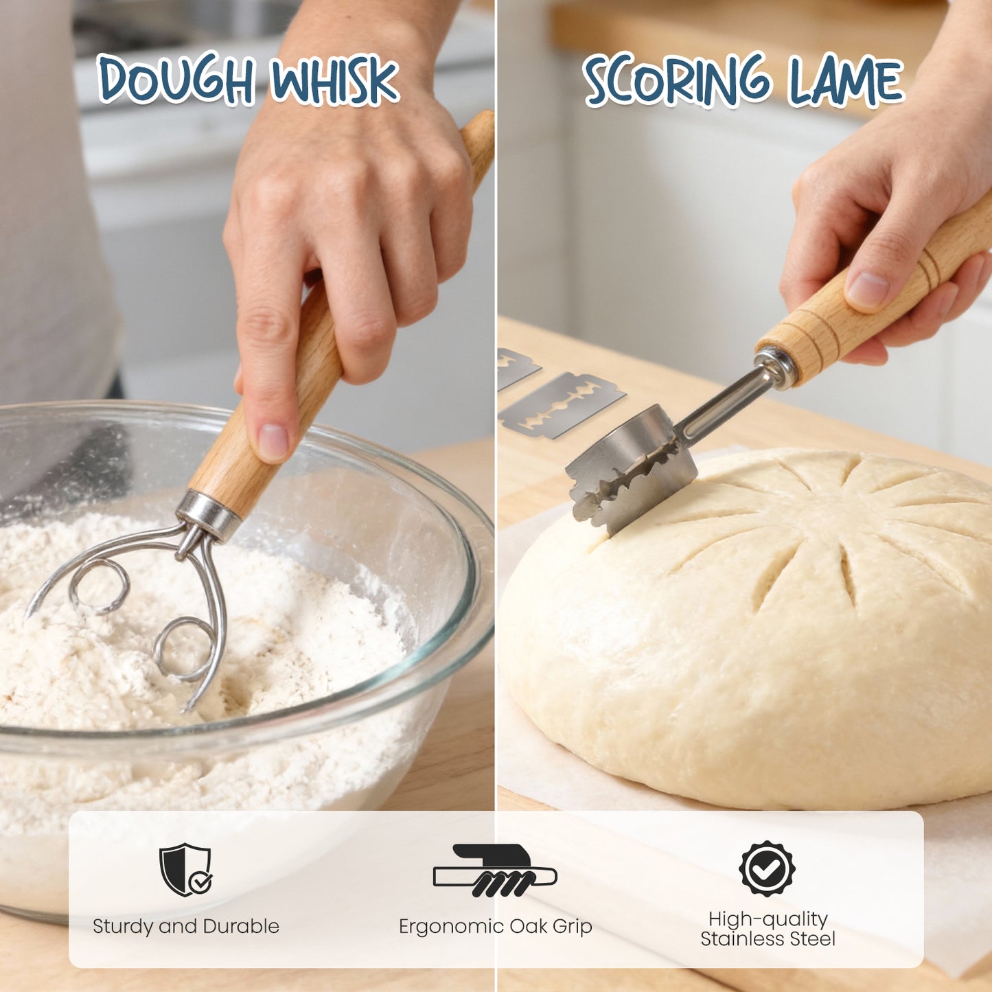 RORECAY Bread Banneton Proofing Basket Set, 9 Inch Round & 10 Inch Oval Cane Sourdough Baskets with Dough Whisk Bread Lame Dough Scraper Bowl Scraper Silicone Brush Sourdough Bread Baking Supplies