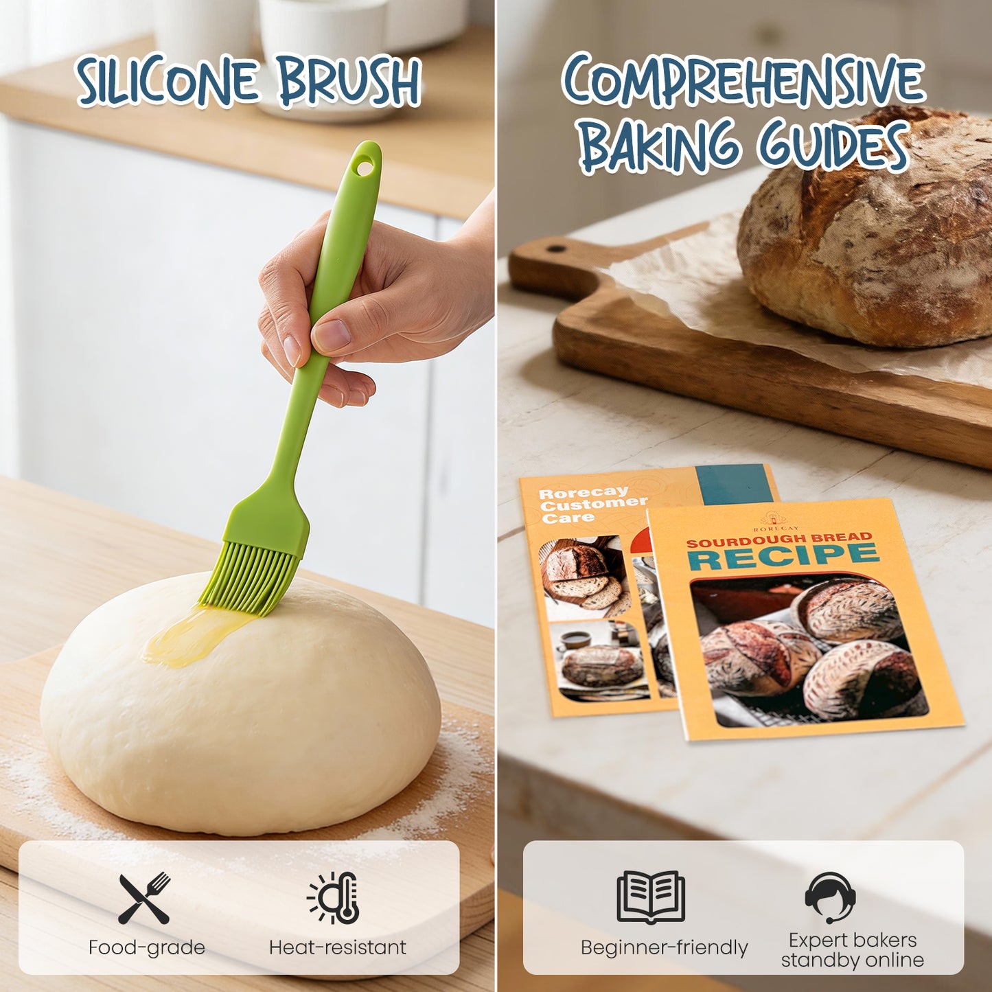RORECAY Bread Banneton Proofing Basket Set, 9 Inch Round & 10 Inch Oval Cane Sourdough Baskets with Dough Whisk Bread Lame Dough Scraper Bowl Scraper Silicone Brush Sourdough Bread Baking Supplies
