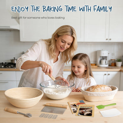 RORECAY Bread Banneton Proofing Basket Set, 9 Inch Round & 10 Inch Oval Cane Sourdough Baskets with Dough Whisk Bread Lame Dough Scraper Bowl Scraper Silicone Brush Sourdough Bread Baking Supplies